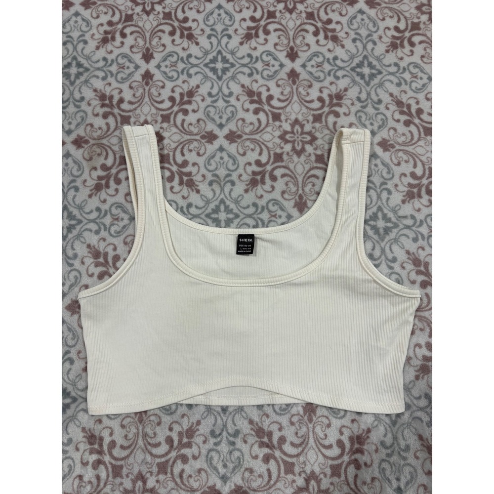 SHEIN Off White Ribbed Knit Scoop Neck Crop Top Curved Hem Large - Picture 1 of 6